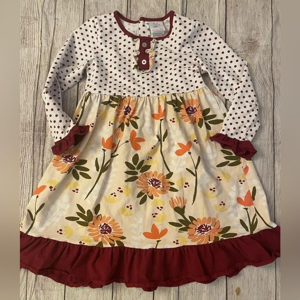 Stitchy Fish Girl's 8 Ruffle Dress Polka Dots And Flowers